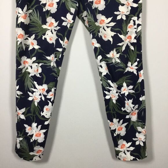 Navy exotic flower leaf print stretchy jeans pants waist 33” inner leg 26 1/2” - Picture 3 of 7